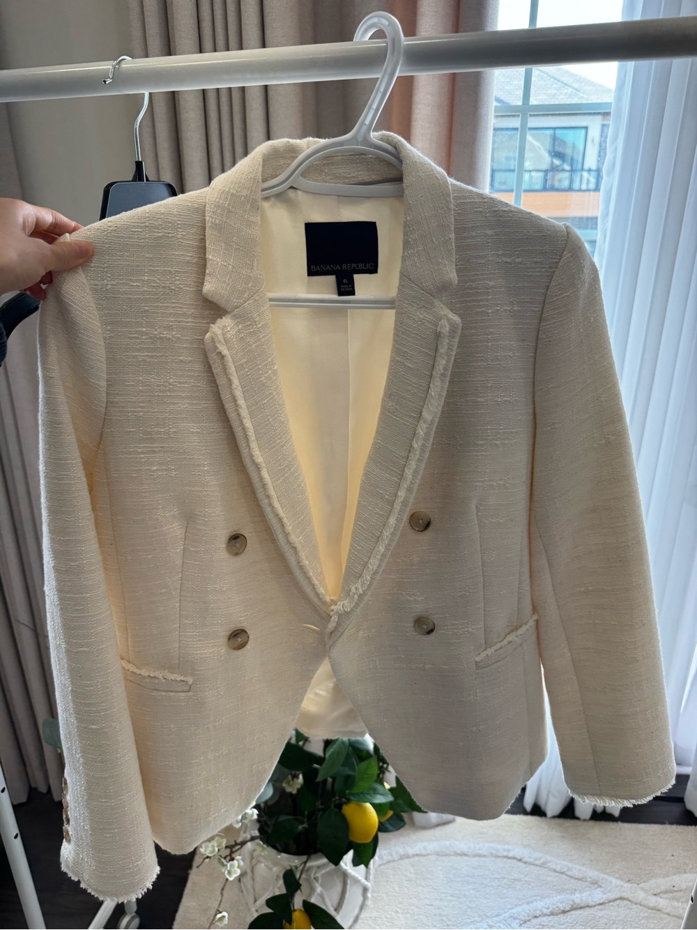 Banana Republic Cream Double-Breasted Tweed Blazer with Frayed Trim